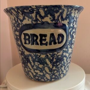 Blue Spongeware Bread Bowl Crock Pottery